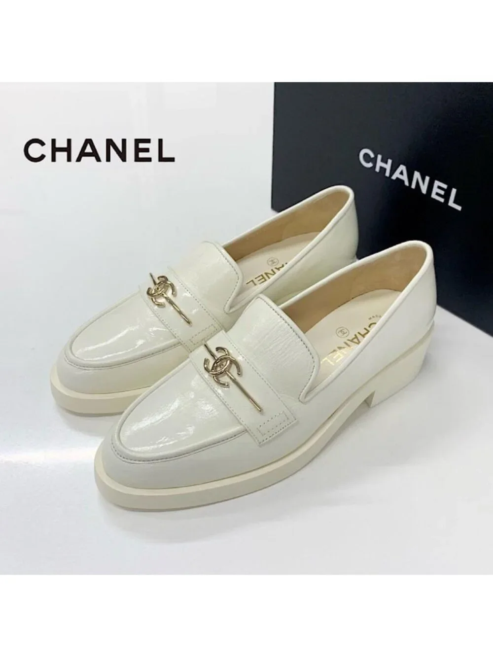 Chanel Coco Mark Leather Loafers White